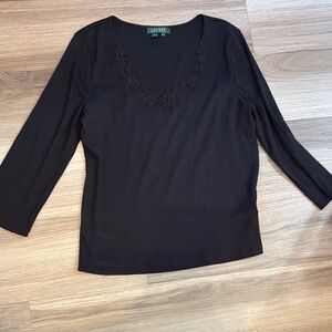 Lauren Ralph Lauren Black V-Neck Blouse with Lace Trim
